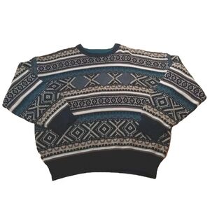 Vtg Impact Sweater Men XL Leather Patches Geometric Eclectic Grampa Ski Crewneck